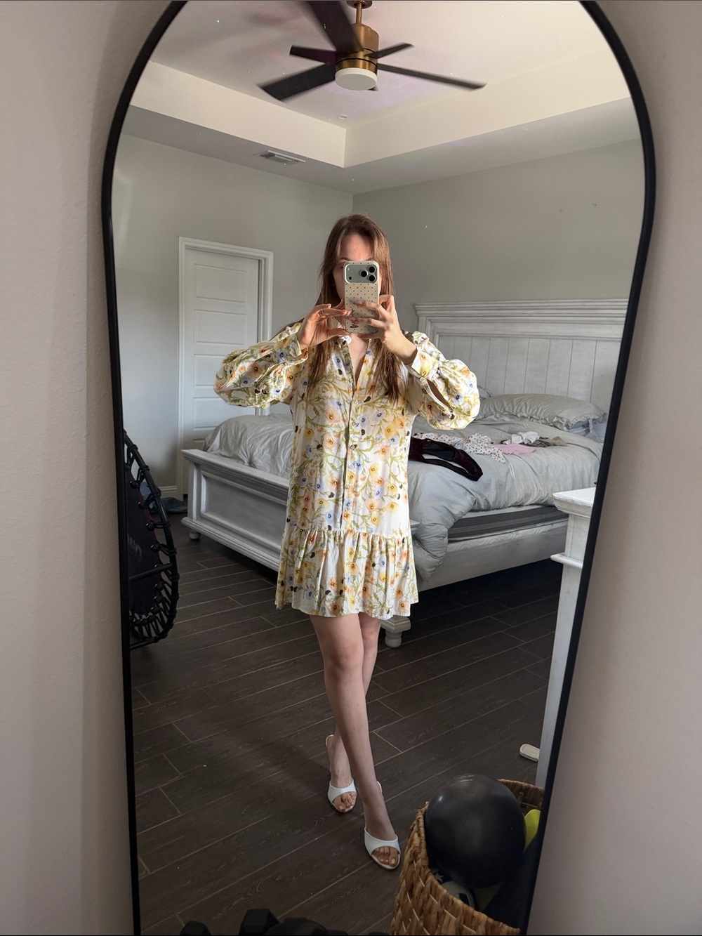 H&M White Floral Button-Front Mini Dress with Yellow Accents